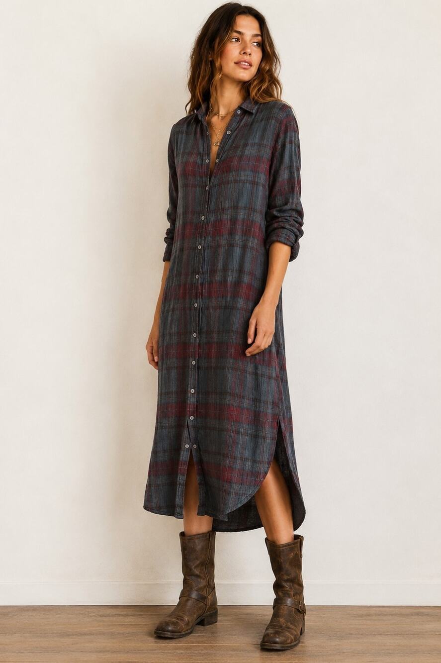 Free People CP Shades Gauze Blue Red Plaid Midi Shirt Dress XS Boho Button Comfy